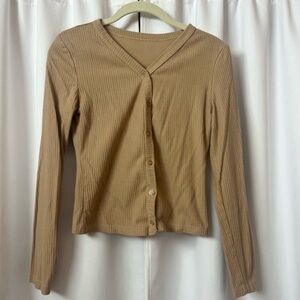 Khaki Brown V-Neck Button Up Slim Fit Cotton Cardigan Top Size Large